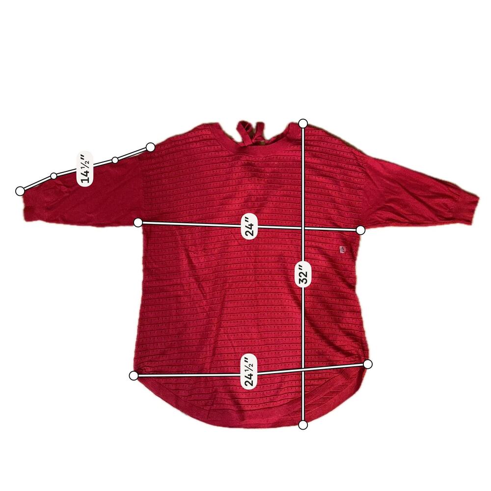 New York & Company Sweater Womens XL Red Open Knit Bow Back 3/4 Sleeve Pullover - Picture 3 of 11